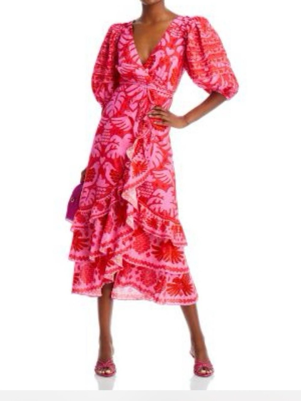FARM Rio Pink and Red Floral Wrap Midi Dress